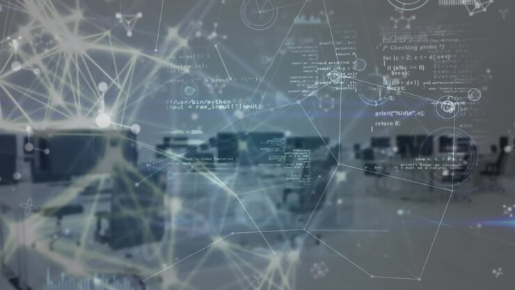 Animation of data processing, network of connections and molecular structures over empty office