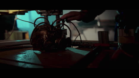 steampunk gas mask in a workshop setting