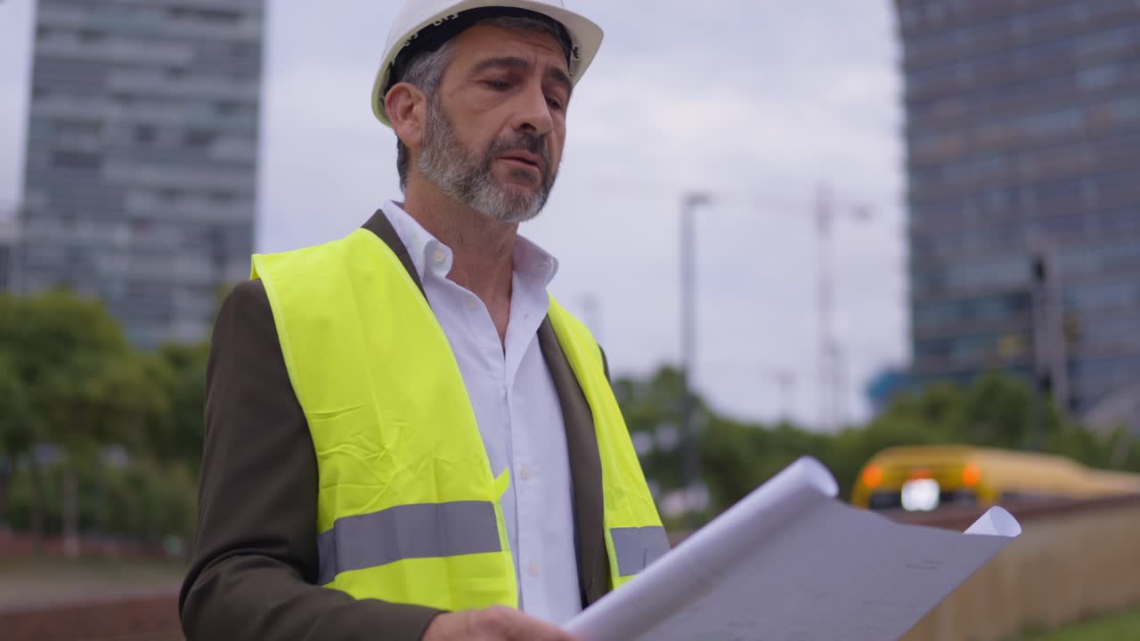 Engineer reviewing blueprints on a construction site