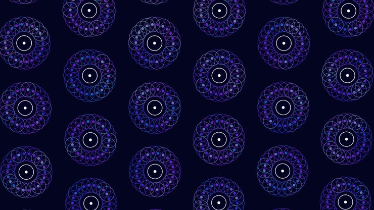 Motivo digitale con fiori astratti al neon disposti in file su gradiente nero.