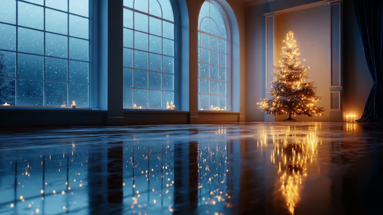 A Cozy Winter Scene Featuring a Beautifully Decorated Christmas Tree Illuminated by Soft Lights, Surrounded by Snowy Window Views, Creating a Magical Holiday Ambiance in a Room with Shimmering Reflections on the Floor