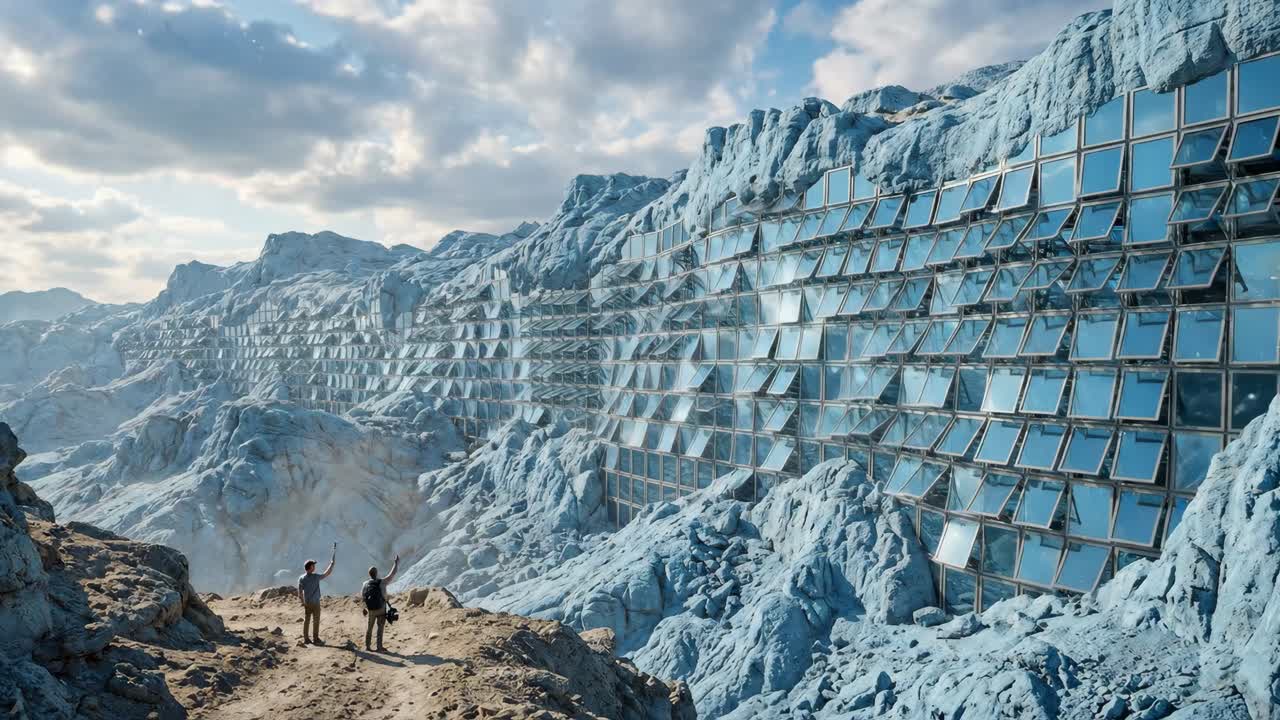To personer observerer en massiv futuristisk glasstruktur i et sneklædt bjerg
