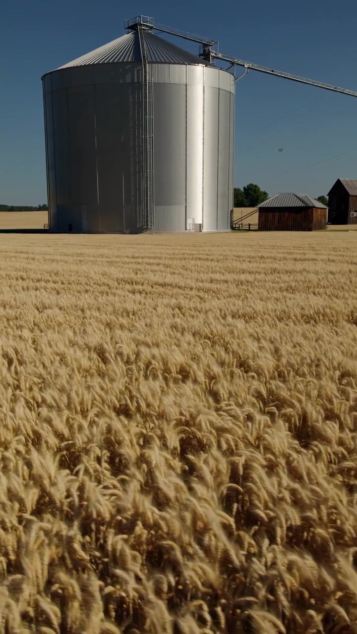Large Grain Silo in a Golden Wheat Field Under Blue Sky
