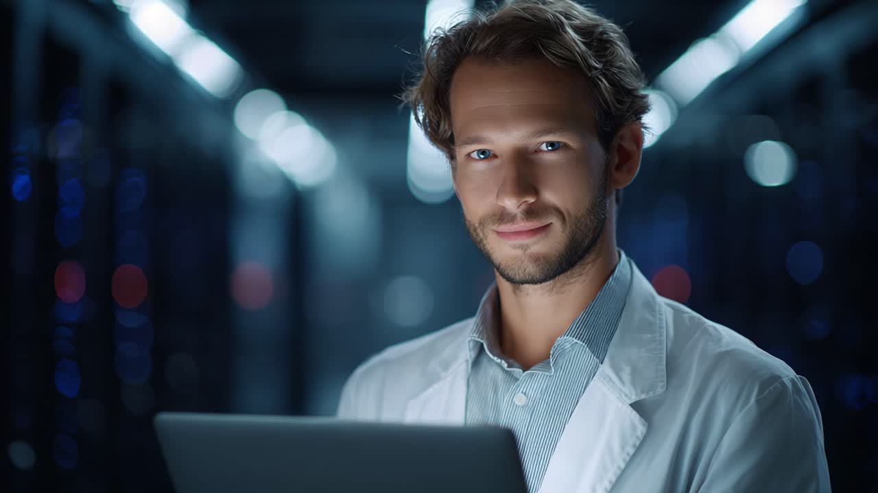 A confident professional in a lab coat demonstrates expertise and dedication while analyzing data on a laptop in a dimly lit high-tech server room environment
