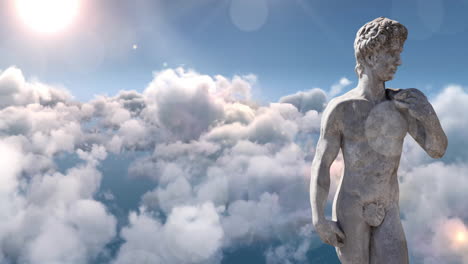 Animation-of-gray-sculpture-of-man-over-blue-sky-and-clouds,-copy-space