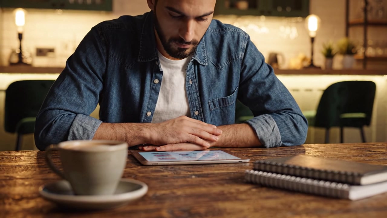 Un Individuo Concentrato Siede a un Tavolo di Legno Rustico, Studiando un Tablet Mentre si Gode una Tazza di Caffè in un Accogliente Ambiente da Caffetteria Illuminato da Luce Calda
