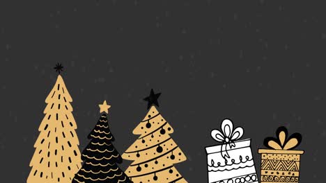 nieve cayendo sobre los árboles de navidad y regalos contra un fondo gris
