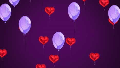 Animation-of-hearts-and-balloons-on-purple-background