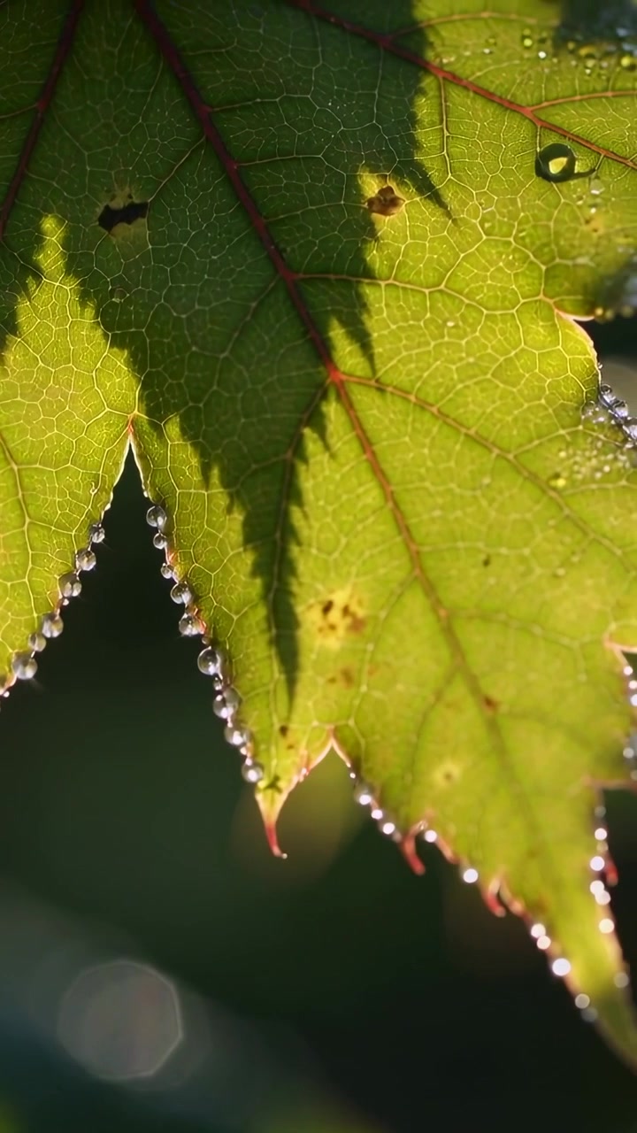 Vertical video: Backlight changing making serrated leaf shimmering and shedding dew in garden