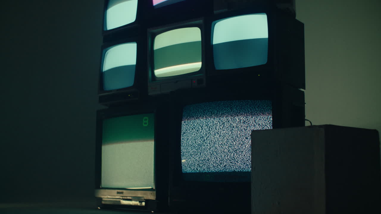 crt old vintage laboratory media television tv room with noise on the monitor , abandoned old controlled spy space