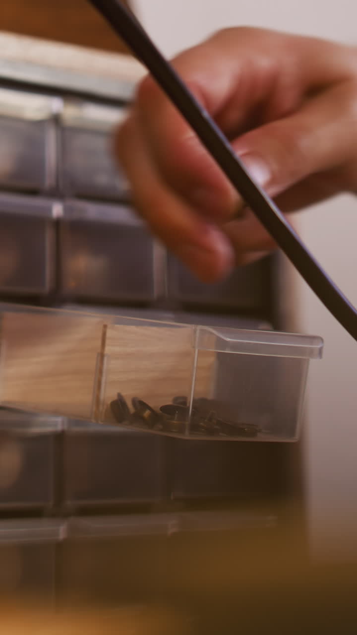 Man takes metal rivet from small plastic drawer in workshop closeup. Master chooses fastening for craft at workplace. Manufacture of accessories