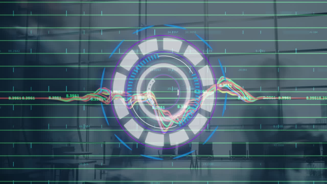 animación de escáner redondo y procesamiento de datos contra el lapso de tiempo de las personas que caminan en la oficina.