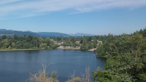 aerial rise fly over forest trees to reveal a lake with not busy but with people enjoying public water activities of kayaking canoeing paddle boating swimming and sun tanning in the summer