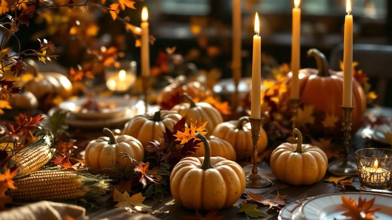 Autumn-themed table setting featuring decorative pumpkins, vibrant fall leaves, and candles, creating a warm and inviting atmosphere for seasonal gatherings and celebrations