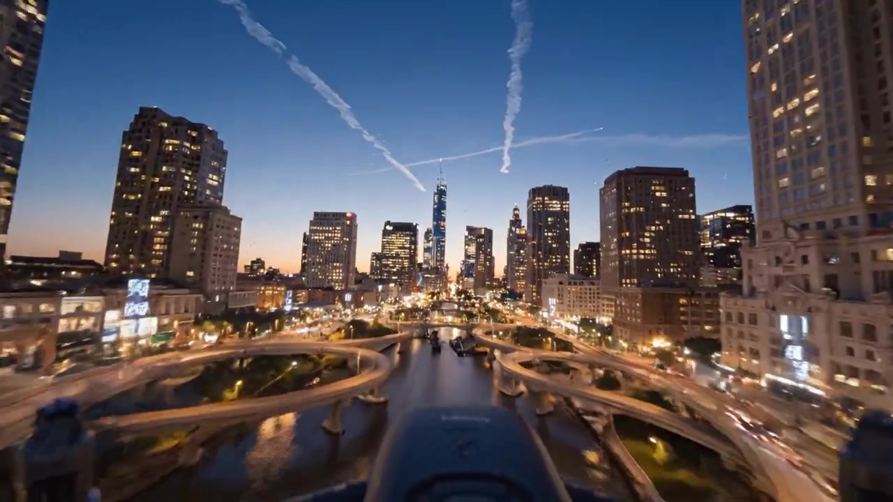 Una splendida trasformazione dello skyline serale: che cattura le vivaci luci della città e lo spettacolo delle fontane d'acqua mentre il giorno si trasforma in notte in un vivace ambiente urbano.