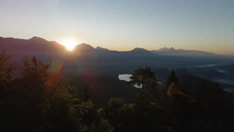 High-altitude-sunset-over-Bled,-Slovenia,-panoramic-views