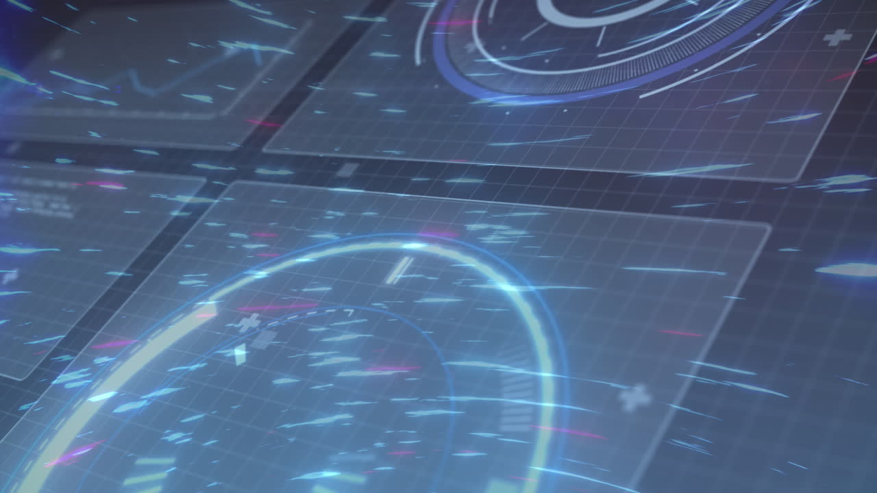 조명 트레일 위의 스크린에서 스캔 및 데이터 처리의 애니메이션