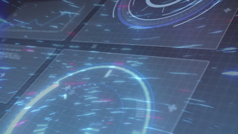 animación de escaneado de visores y procesamiento de datos en pantallas sobre senderos de luz