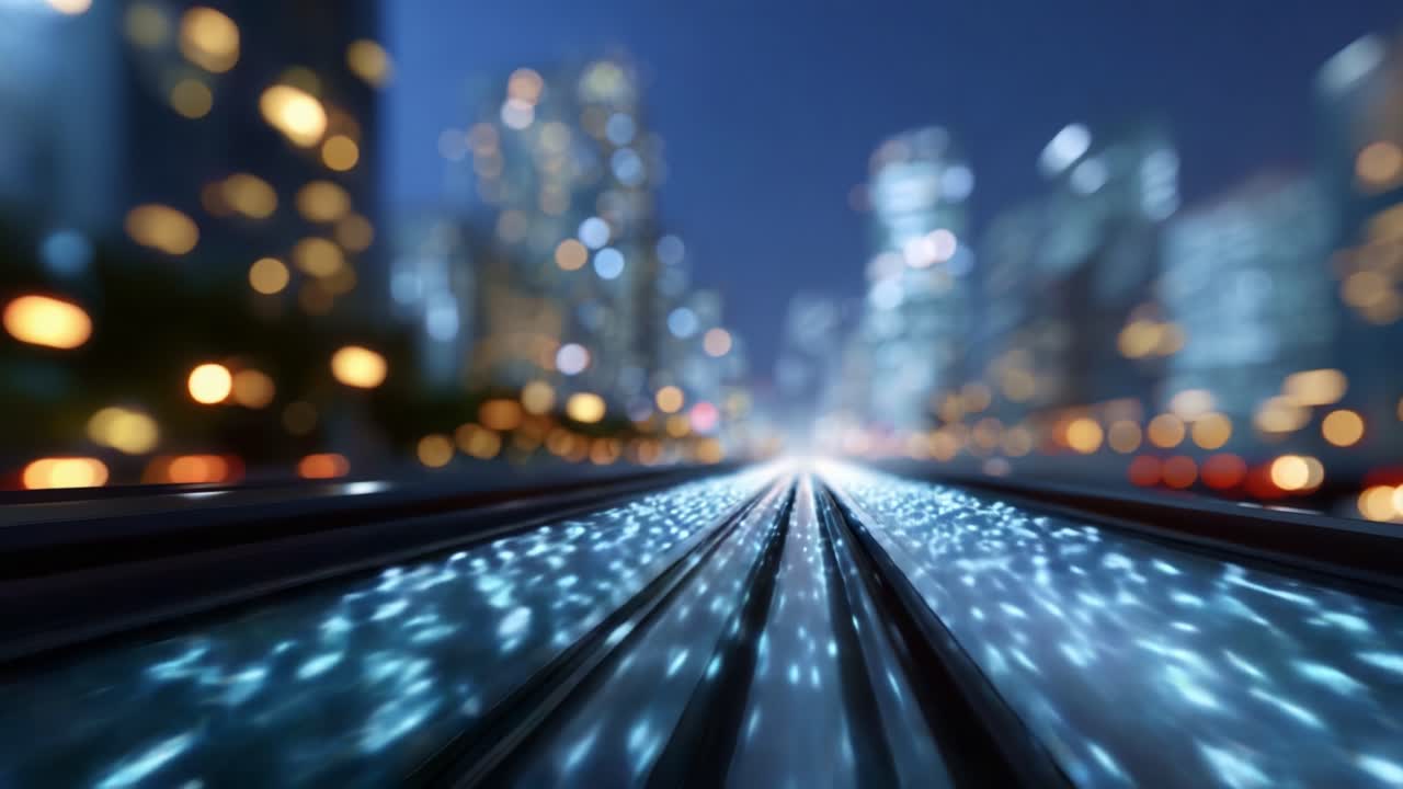 Una vista ipnotica di binari illuminati che attraversano un vivace paesaggio urbano di notte, mostrando l'interazione di luci e movimento in un ambiente urbano dinamico