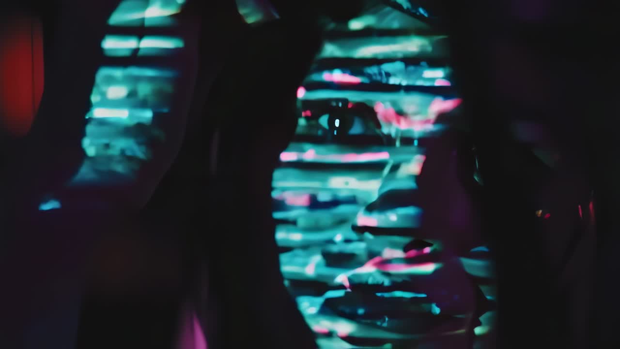 Light projections with various colors and shapes illuminate a woman's face in a dark environment, creating an artistic and evocative atmosphere