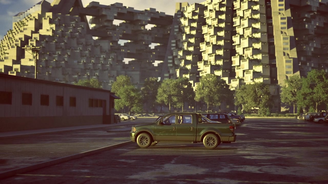 Auto retrò parcheggiata contro edifici imponenti con dintorni panoramici