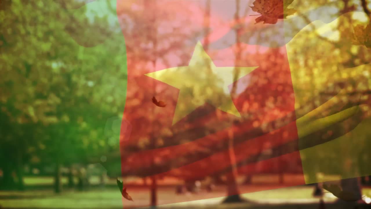 가나  ⁇ 발이 공원에 떨어지는 여러 가지 가을 잎 위에 흔들리는 가나의 디지털 구성