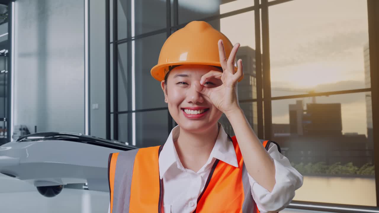 안전 장비를 입은 미소 짓는 엔지니어 여성