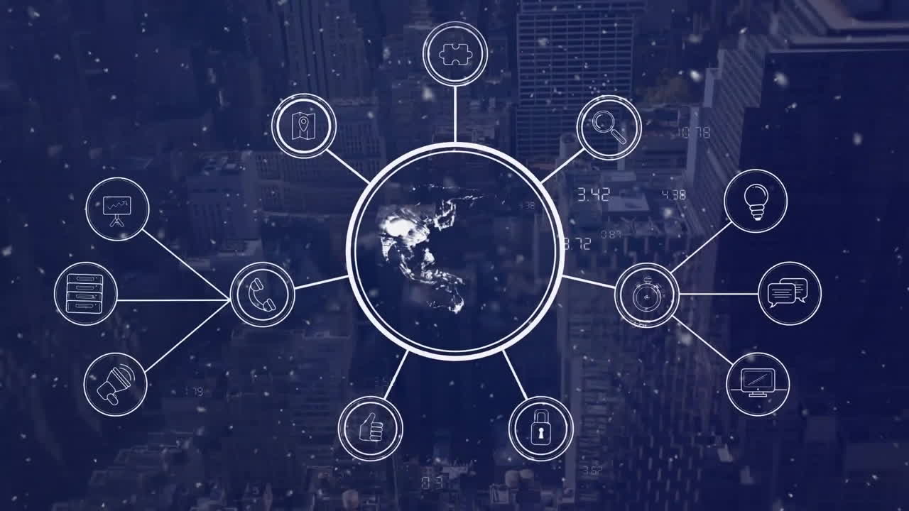 데이터 처리 및 도시 풍경에 대한 지구와 아이콘과의 연결 네트워크의 애니메이션