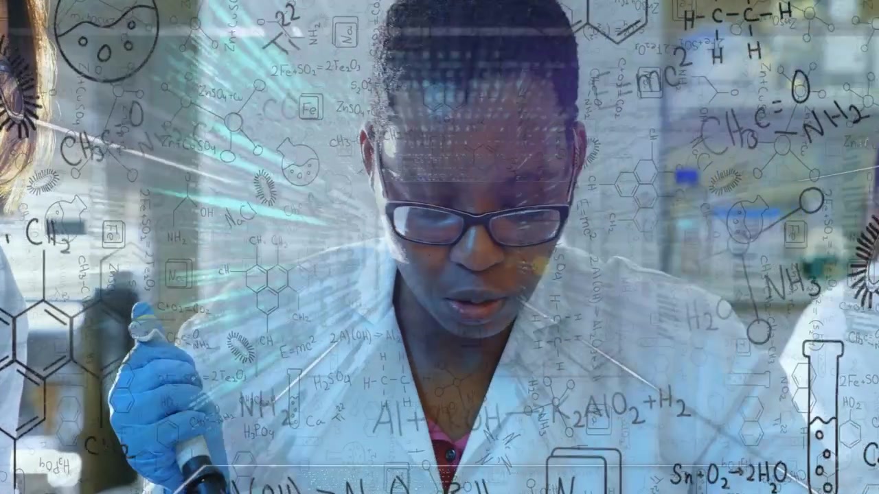 Camera focusing on scientist using pipette in lab, formulas overlay showing transfer for assay