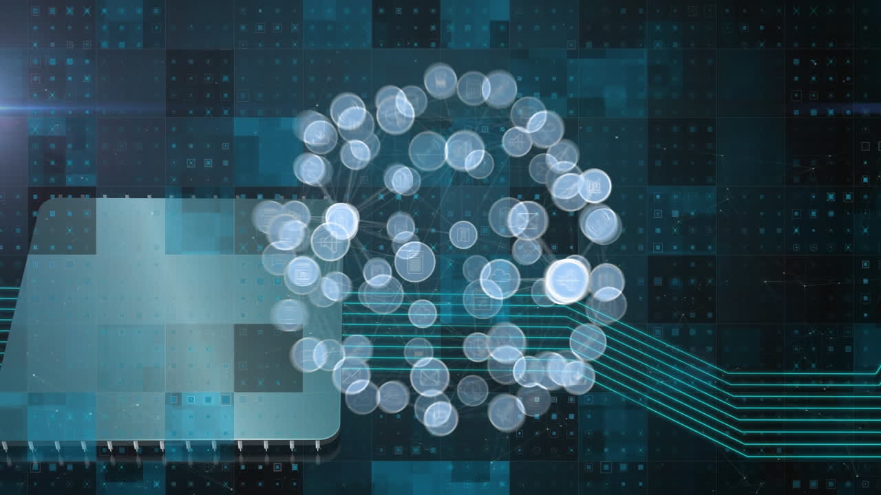 Animation of expanding technological icons over blue pixels