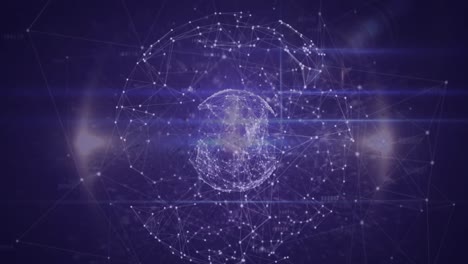 Animation of spinning globe of network of connections and light trails against purple background