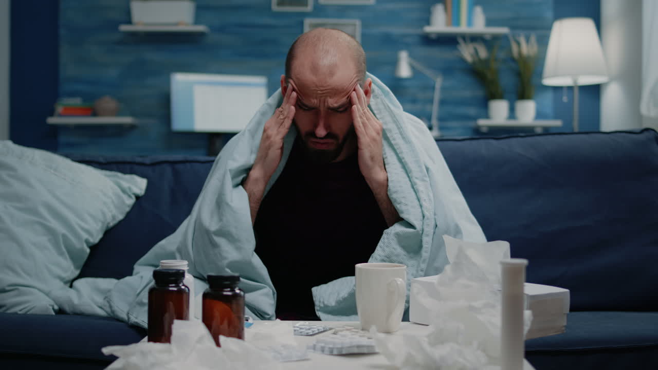 Close up of sick adult with headache rubbing temples