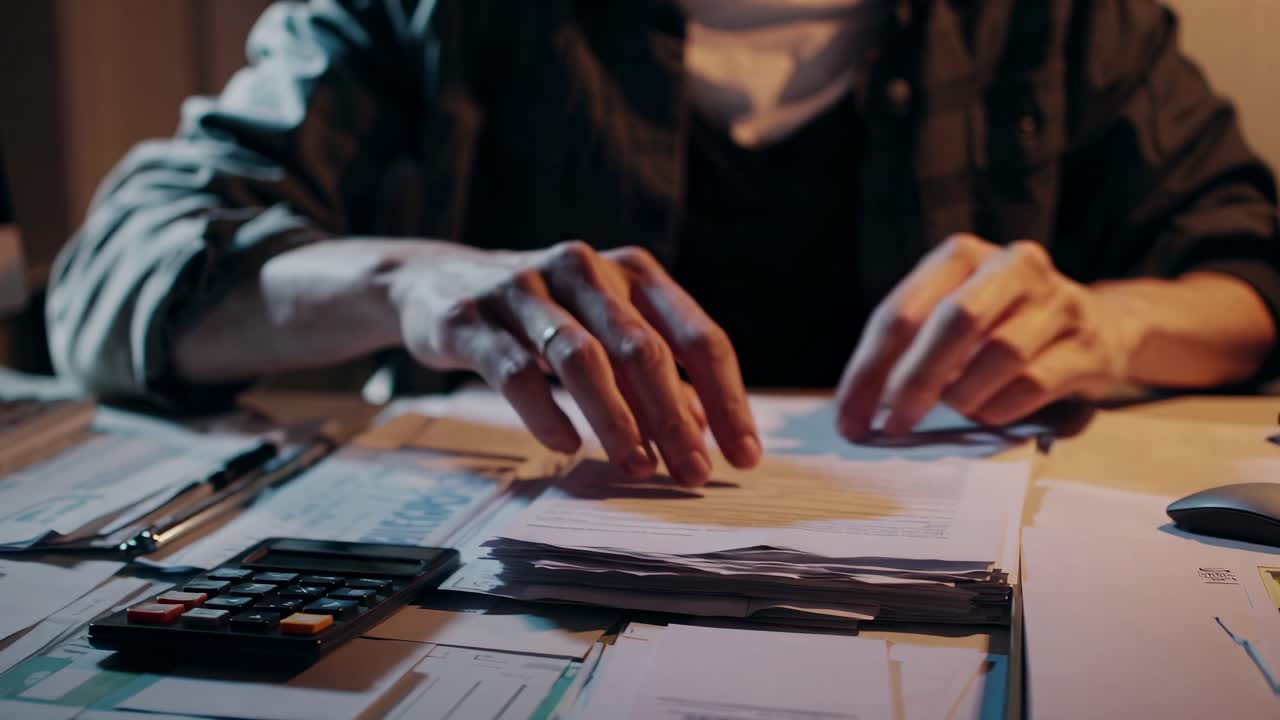 A dimly lit workspace with a focus on a person working at a desk, captured from a side angle