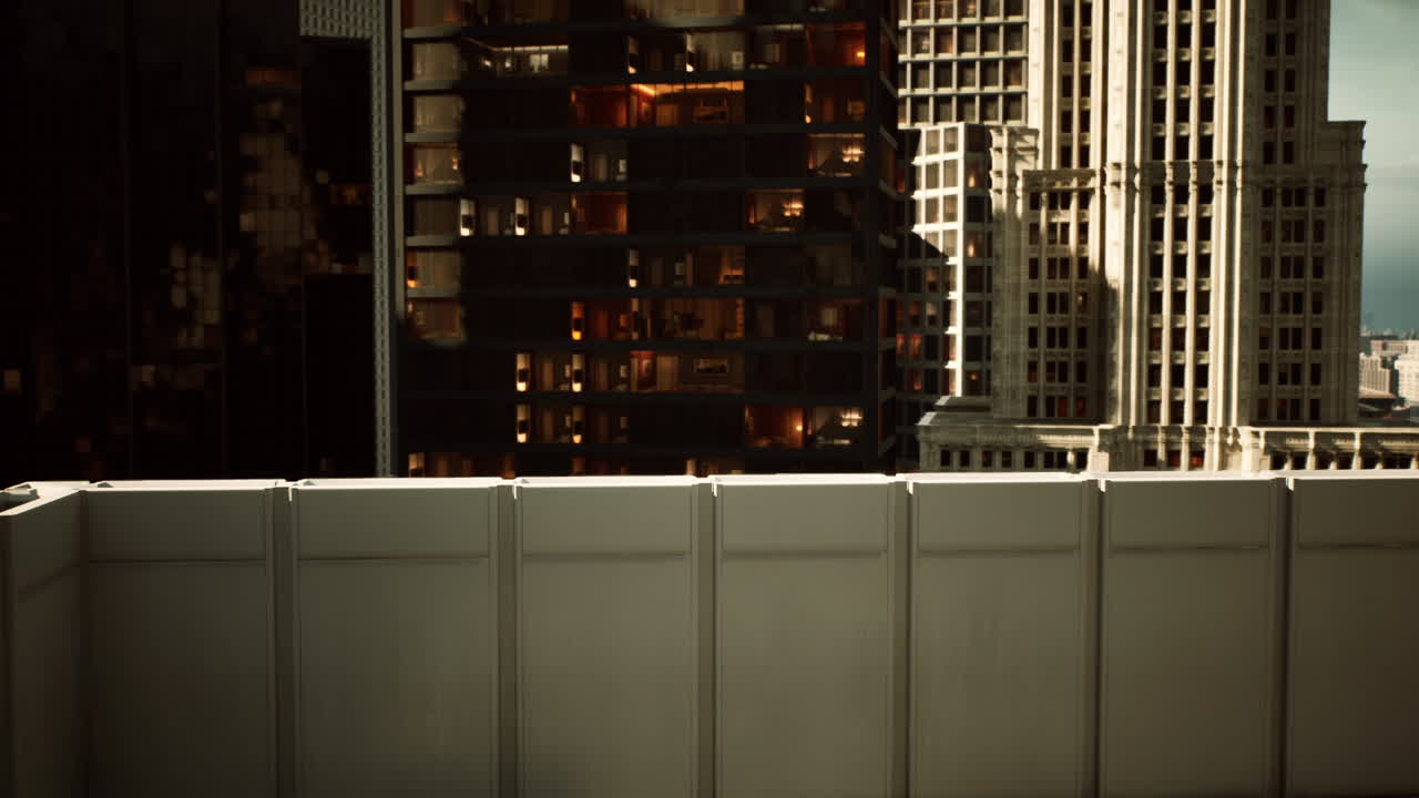 Vista dello skyline urbano con edifici moderni e illuminazione al tramonto