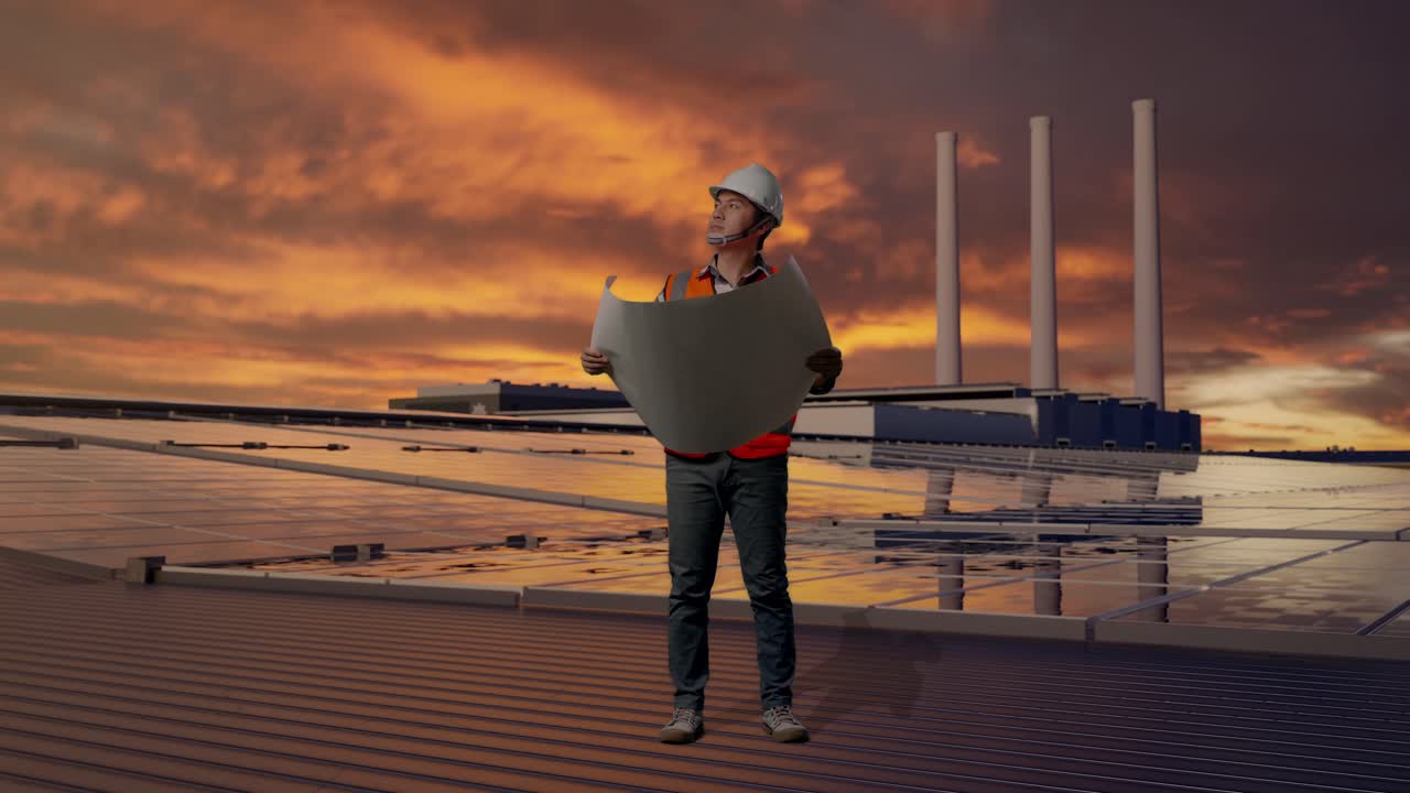 Insinyur Pria Asia Berbadan Penuh dengan Helm Keselamatan Melihat Cetak Biru di Tangannya dan Melihat Sekeliling Sambil Berdiri, Memeriksa Panel Surya di Atap saat Matahari Terbenam