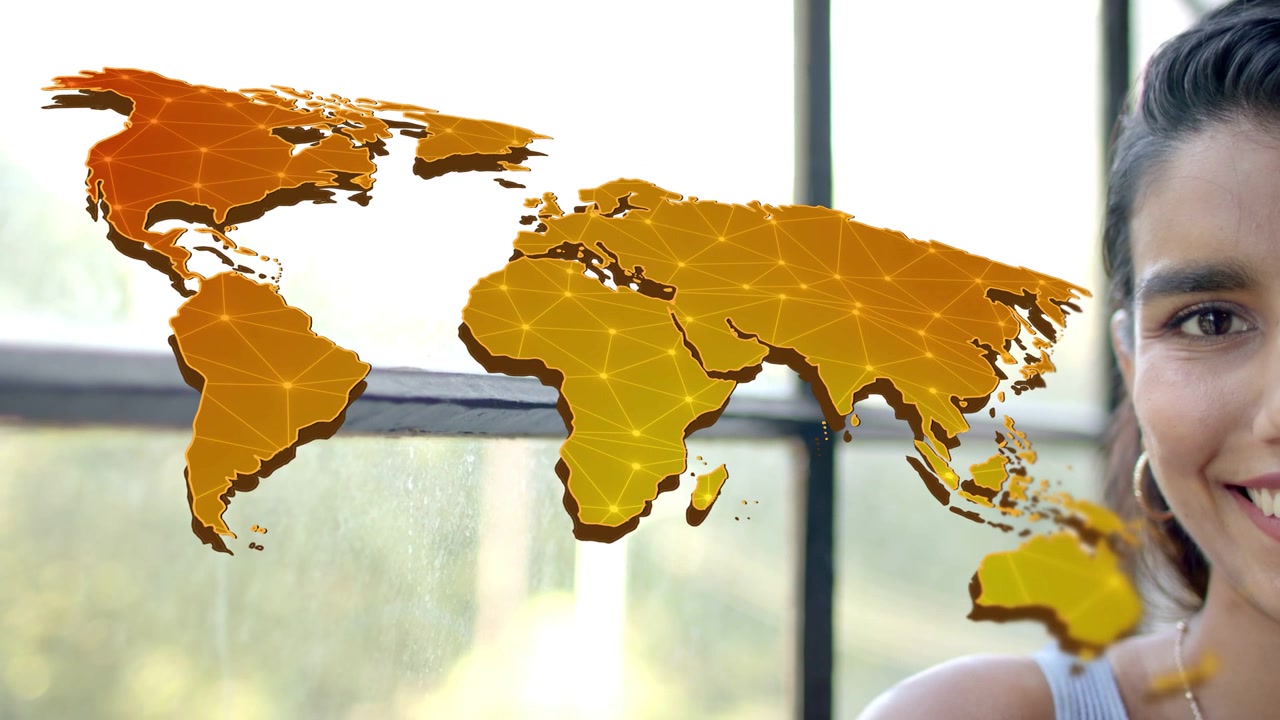 Woman shifting from neutral to smile near window by animated gold map highlighting global growth