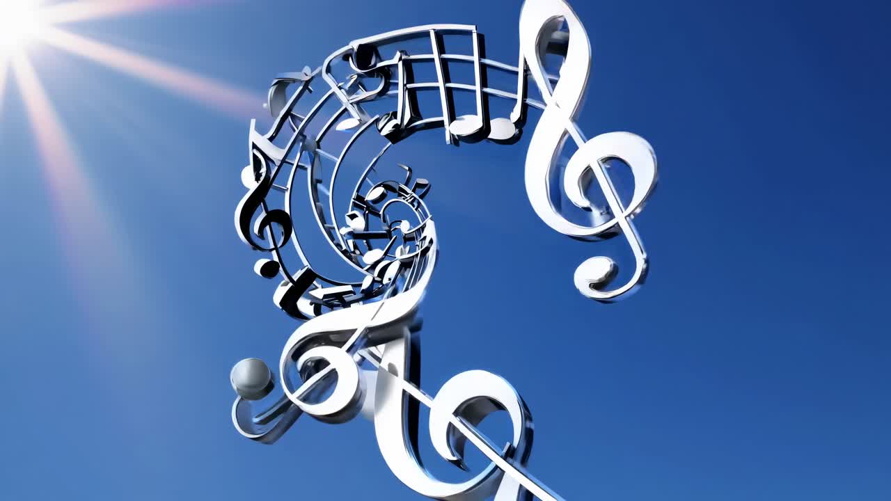 Metallic musical notes dancing in the blue sky with sun shining brightly, creating a vibrant and joyful atmosphere perfect for music themed projects