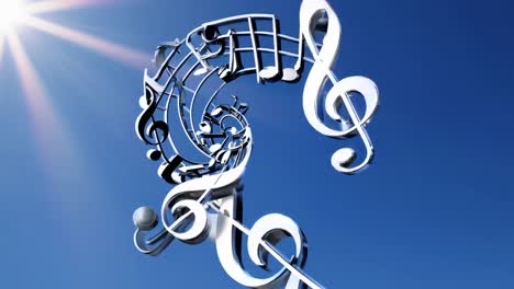 metallic musical notes dancing in the blue sky with sun shining brightly, creating a vibrant and joyful atmosphere perfect for music themed projects