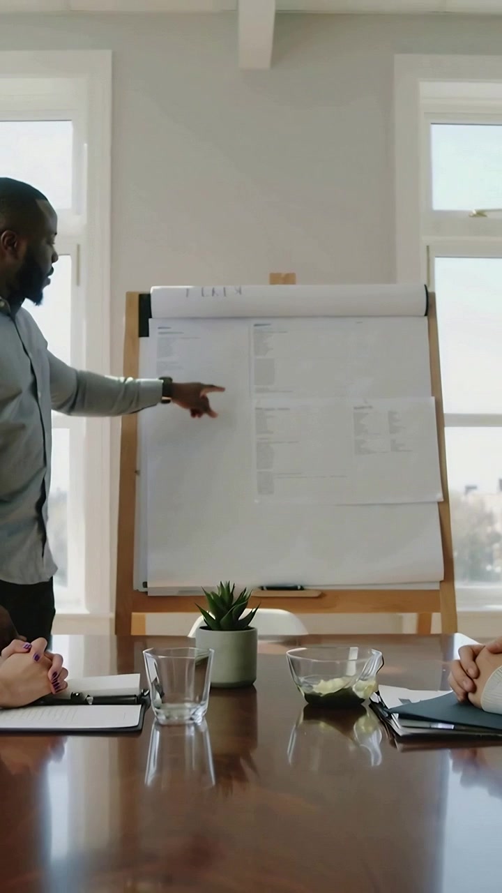 Video verticale: Leader in camicia grigia che indica il piano su un flipchart all'inizio della riunione, con spazio per il testo.