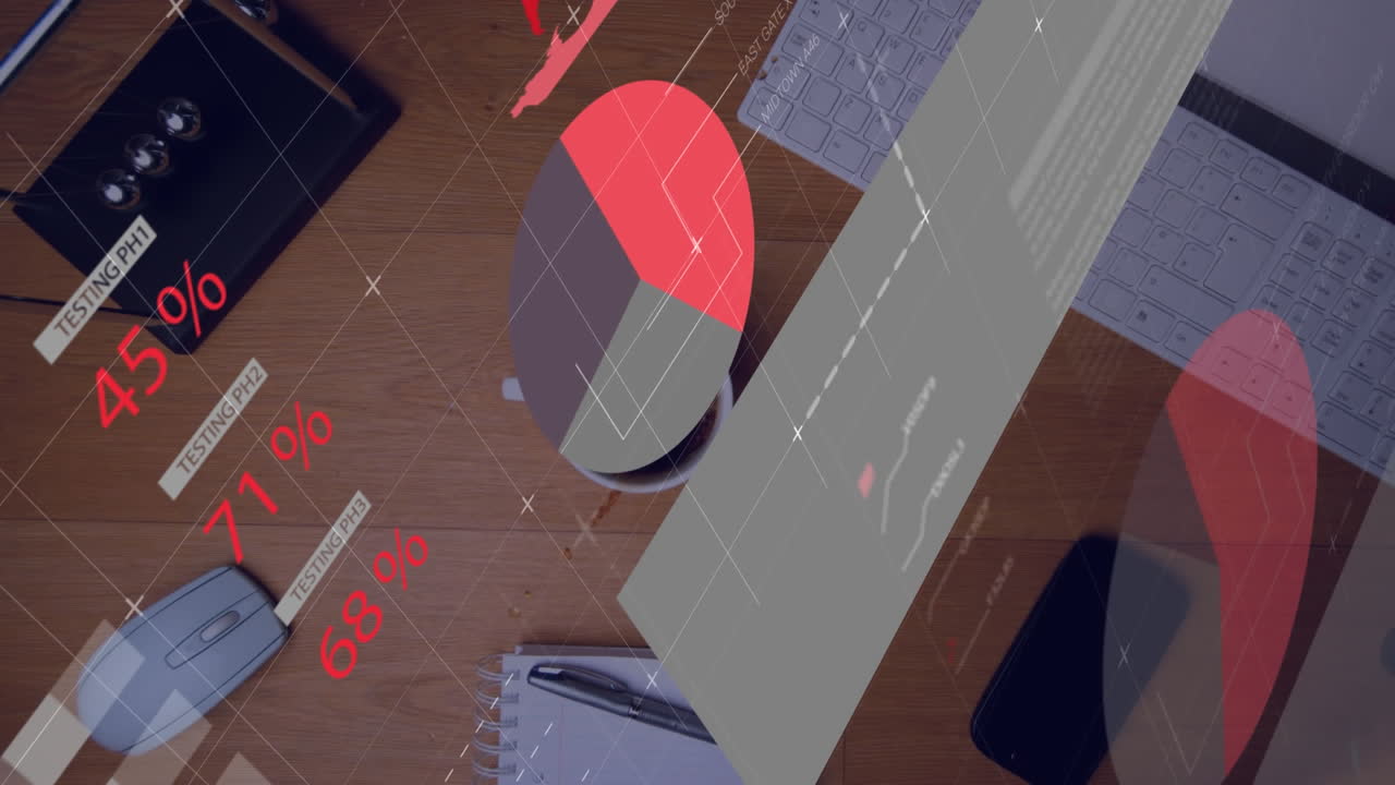 사무실 책상 위의 커피 컵에 떨어지는 설탕 큐브에 대한 통계 데이터 처리의 애니메이션