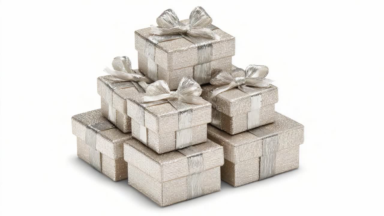 A Luxurious Display of Elegant Silver Gifts Wrapped in Delicate Bows, Perfectly Arranged in a Stack, Ready for Celebration and Sharing Special Moments
