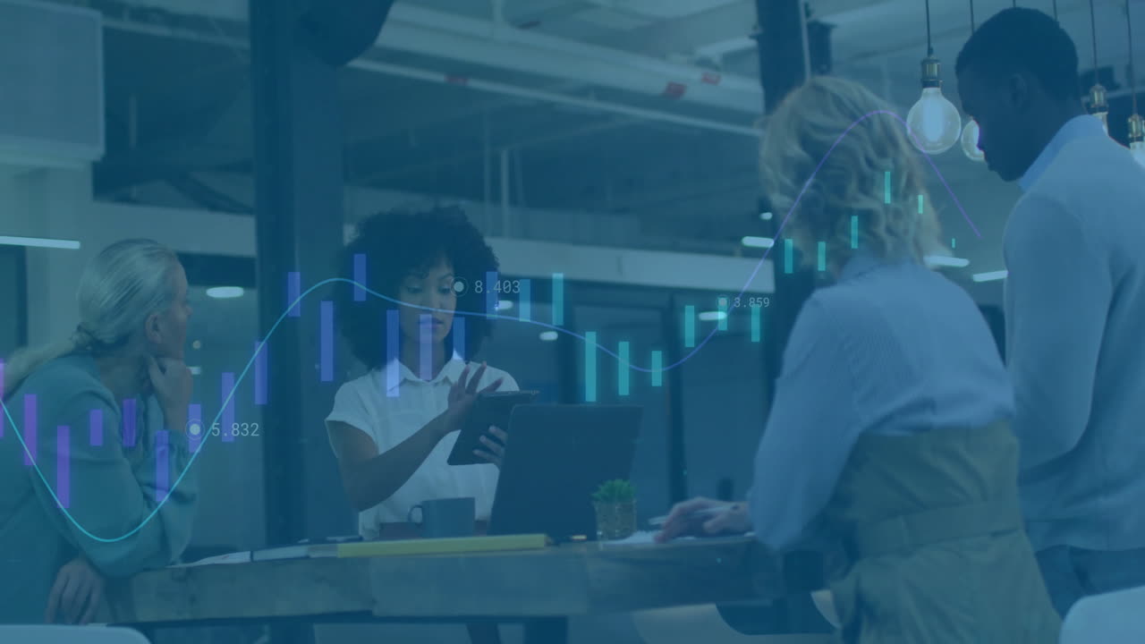Animation of financial data processing over diverse business people in office