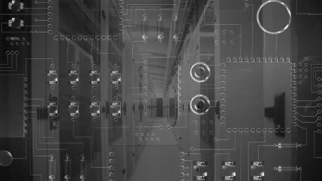 Scrolling-computer-circuit-board-and-server-room-corridor-in-black-and-white