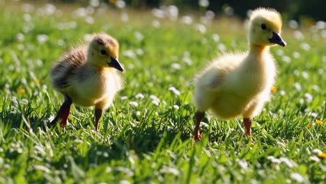 two baby ducks in a field