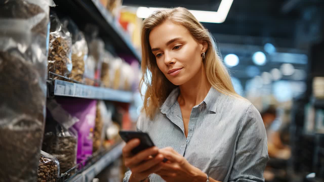 A thoughtful young woman checks her smartphone while shopping for groceries in an aisle filled with various packaged products, showcasing modern consumer behavior and the intersection of technology and daily life