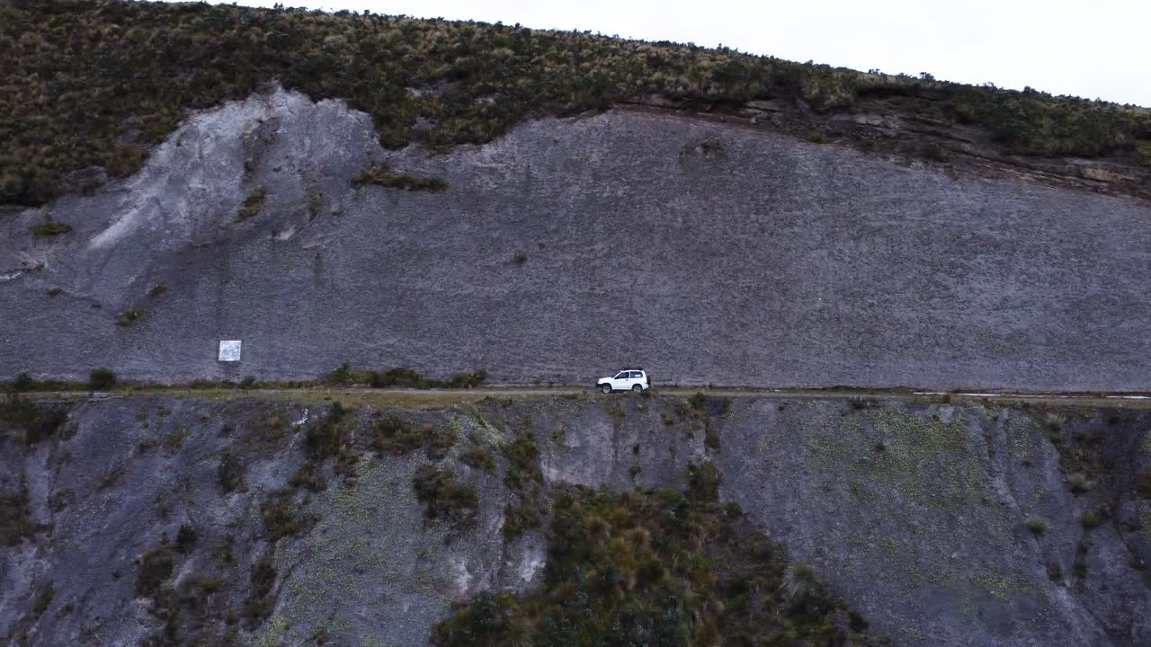 A dramatic aerial left pan shot following a car driving along a steep cliffside road in the Ecuadorian highlands. The rugged terrain and sheer drop create an intense and breathtaking visual.