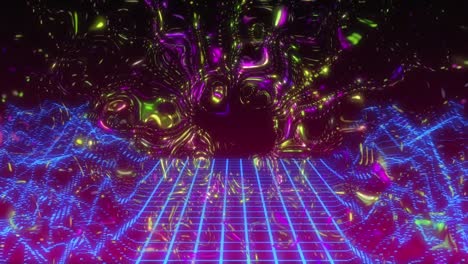 Animation-of-glowing-yellow-and-pink-trails-with-neon-pattern-and-metaverse-on-seamless-loop