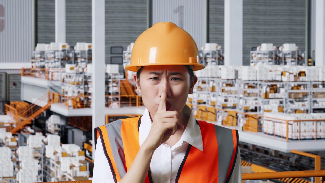 배달 물품으로 가득 찬 선반과 함께 창고에 서있는 동안 안전 헬을 착용한 아시아 여성 엔지니어의 클로즈업