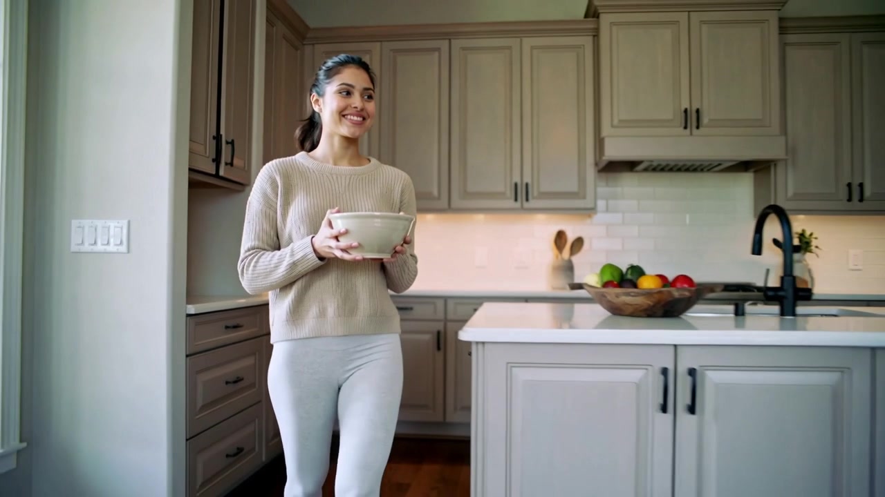 Aprendo l'armadietto, una donna con un maglione beige porta una ciotola per mescolare attraverso la cucina di casa, preparandosi a mescolare.