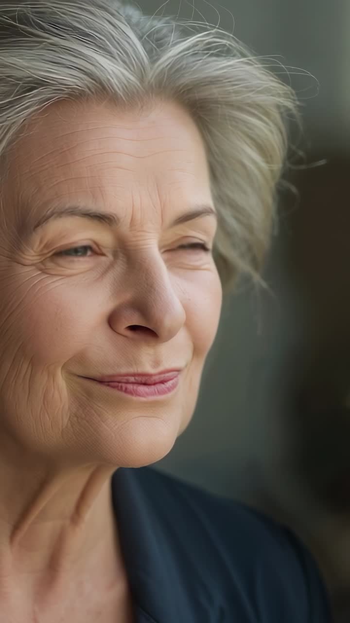 Vertical video: Smiling senior woman by window turning head moving gaze toward light in dark blazer